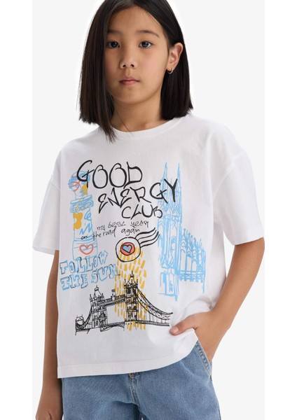 Kız Çocuk Oversize Geniş Kalıp Bisiklet Yaka Baskılı Kısa Kollu Tişört E0356A825SM