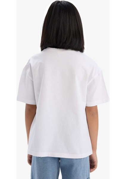Kız Çocuk Oversize Geniş Kalıp Bisiklet Yaka Baskılı Kısa Kollu Tişört E0356A825SM