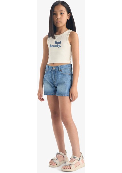 Kız Çocuk Bisiklet Yaka Baskılı Crop Atlet