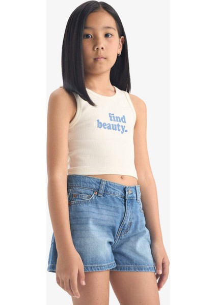 Kız Çocuk Bisiklet Yaka Baskılı Crop Atlet