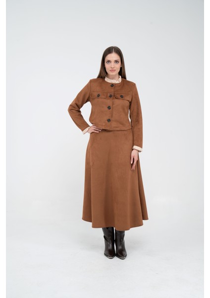 Düğme Detaylı Süet Etek Ceket Takım K8089 fiyatları