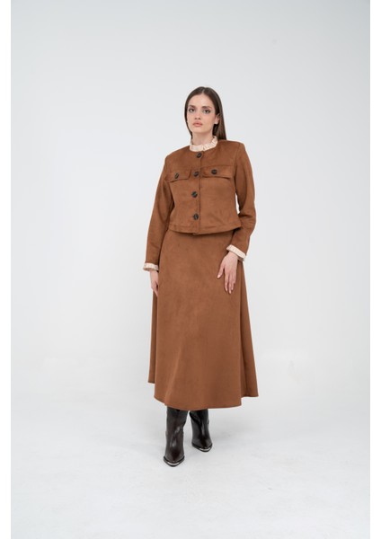 Düğme Detaylı Süet Etek Ceket Takım K8089 indirimleri