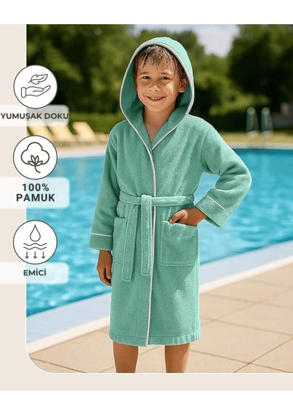 Çocuk Bornoz | %100 Pamuklu-Mint Yeşil-Yumuşak Doku-Kapüşonlu-Cepli-Biyeli