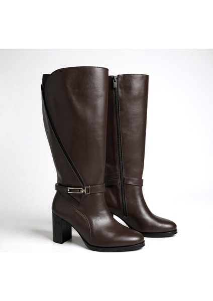 Kahverengi Hakiki Deri Lastik Detaylı Tokalı Kadın Kalın Topuklu Çizme fırsatları