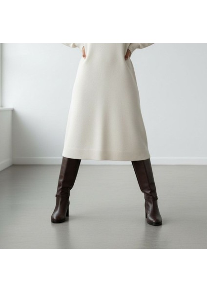 Kahverengi Hakiki Deri Lastik Detaylı Tokalı Kadın Kalın Topuklu Çizme indirimleri