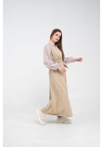 Çizgili Gömlek Detaylı Kuşaklı Elbise Takım K8059 fiyatları