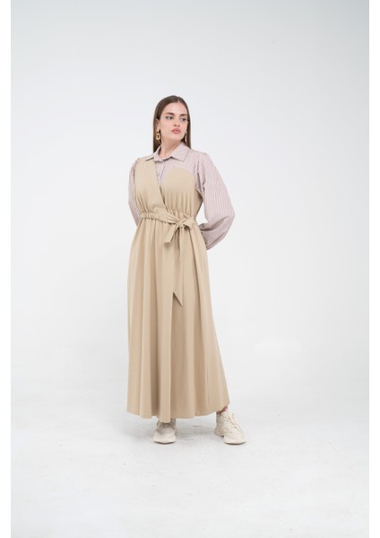 Çizgili Gömlek Detaylı Kuşaklı Elbise Takım K8059 fırsatları