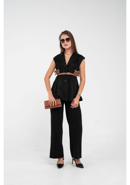 Kemer Detaylı Kolsuz Süet Takım K8084