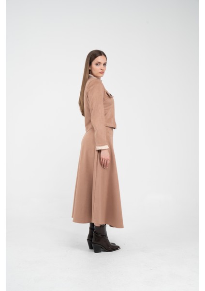 Düğme Detaylı Süet Etek Ceket Takım K8089 modelleri