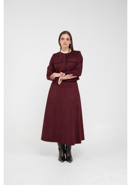 Düğme Detaylı Süet Etek Ceket Takım K8089 fırsatları