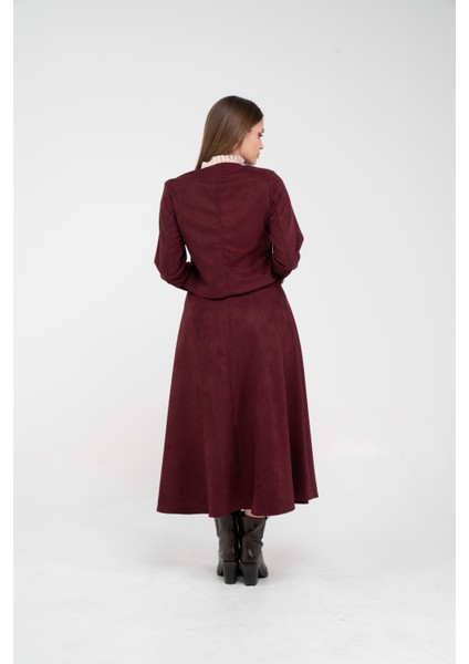 Düğme Detaylı Süet Etek Ceket Takım K8089 indirimleri