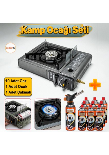 10'lu Gaz Taşınabilir Portatif Kamp Ocağı Tekli Tek Gözlü Gri Renk Kartuşlu Piknik Tüp Bağlantı Ocak