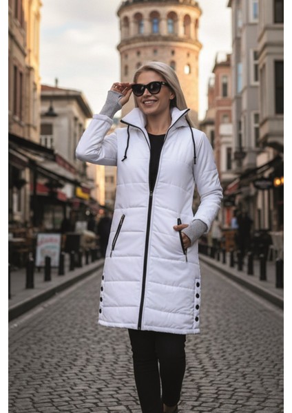 Kışlık Kapüşonlu Kadın Uzun Şişme Mont