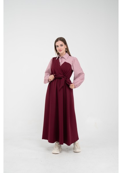 Çizgili Gömlek Detaylı Kuşaklı Elbise Takım K8059