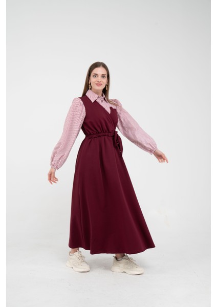 Çizgili Gömlek Detaylı Kuşaklı Elbise Takım K8059 fiyatları