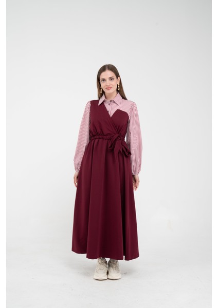 Çizgili Gömlek Detaylı Kuşaklı Elbise Takım K8059 fırsatları