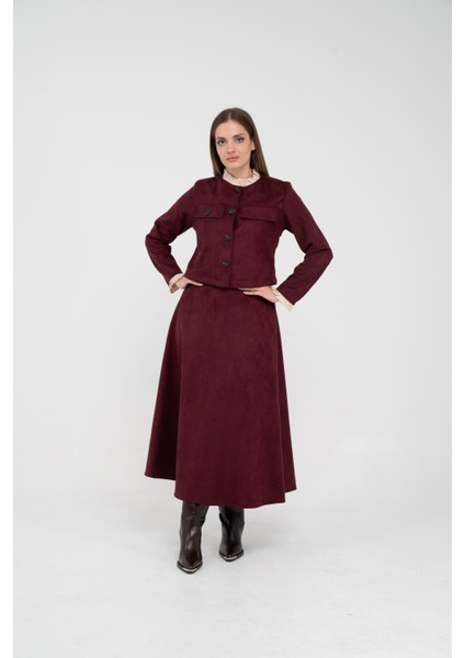 Düğme Detaylı Süet Etek Ceket Takım K8089