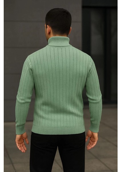 Erkek Balıkcı Yaka Bağazlı Triko Kazak Pamuklu Kalın Fitilli Dokuma, Regular Fit Uzun Kollu Kışlık Model - Mint Yeşili modelleri