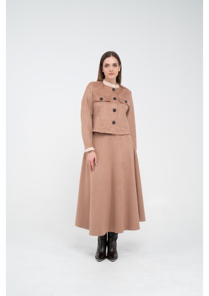 Düğme Detaylı Süet Etek Ceket Takım K8089