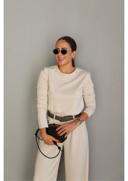 Ekru Vatkalı Bluz Pantolon Takım