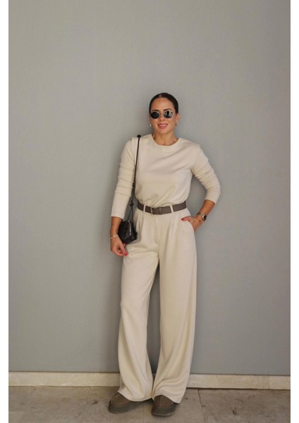 Ekru Vatkalı Bluz Pantolon Takım modelleri