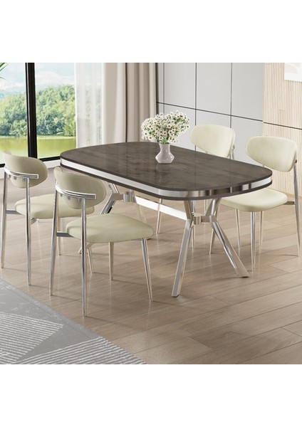 Olya Serisi 90X168 Lak Panel Antrasit Ironi Masa Takımı Krom Ayaklı 4 Sandalye