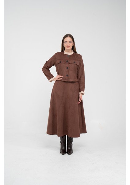 Düğme Detaylı Süet Etek Ceket Takım K8089