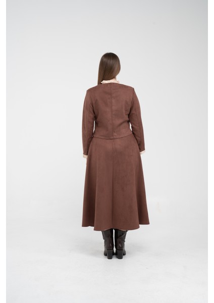 Düğme Detaylı Süet Etek Ceket Takım K8089 fırsatları