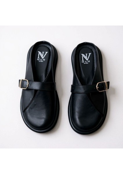Siyah Hakiki Deri Tokalı Kadın Günlük Rahat Sabo Terlik