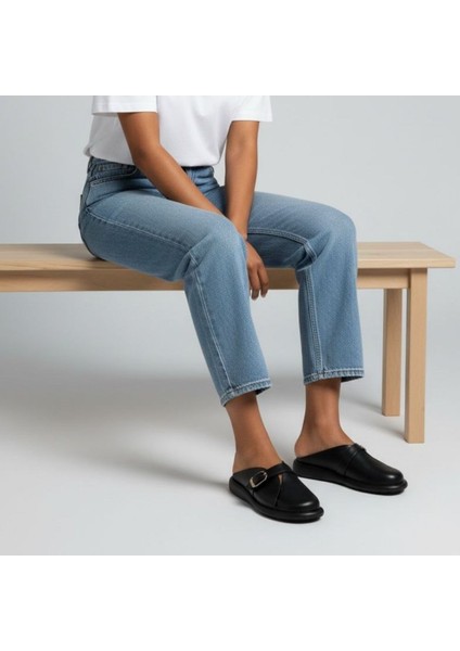 Siyah Hakiki Deri Tokalı Kadın Günlük Rahat Sabo Terlik fiyatları