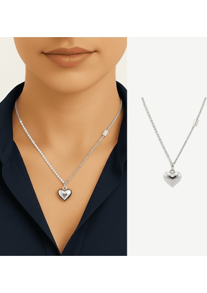 Kadın Çelik Kolye - Isme Özel Yazılı - Kalp Tasarım - Beyaz Zirkon Taşlı - Gümüş Renk fiyatları