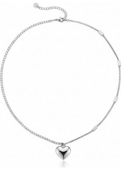 Kadın Çelik Kolye - Isme Özel Yazılı - Kalp Tasarım - Beyaz Zirkon Taşlı - Gümüş Renk indirimleri