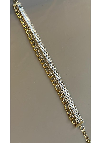 Baget Taşlı Zincir Bileklik - Altın