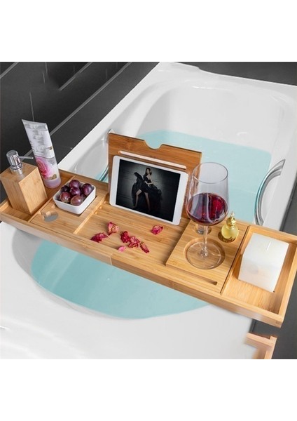 Bambu Küvet Tepsisi, Kitap Tablet Şarap Kadehi Bardak Havlu Askısı ile Ayarlanabilir Banyo Küvet Düzenleyici (Yurt Dışından) fırsatları