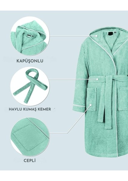 Çocuk Bornoz | %100 Pamuklu-Mint Yeşil-Yumuşak Doku-Kapüşonlu-Cepli-Biyeli fırsatları