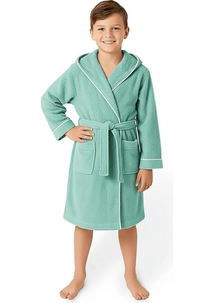 Çocuk Bornoz | %100 Pamuklu-Mint Yeşil-Yumuşak Doku-Kapüşonlu-Cepli-Biyeli indirimleri