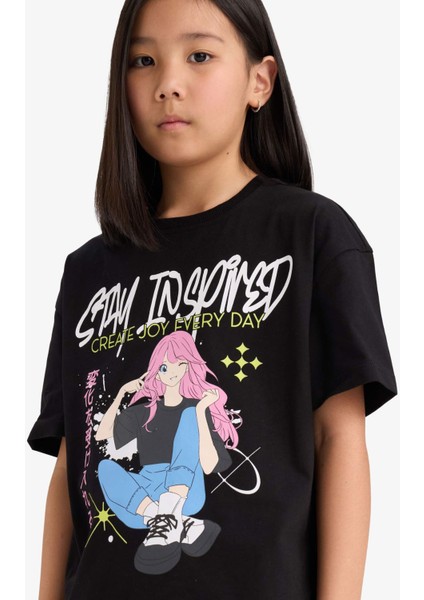 Kız Çocuk Oversize Geniş Kalıp Bisiklet Yaka Baskılı Kısa Kollu Tişört