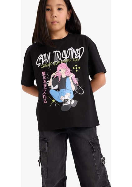 Kız Çocuk Oversize Geniş Kalıp Bisiklet Yaka Baskılı Kısa Kollu Tişört