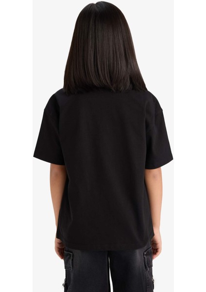 Kız Çocuk Oversize Geniş Kalıp Bisiklet Yaka Baskılı Kısa Kollu Tişört