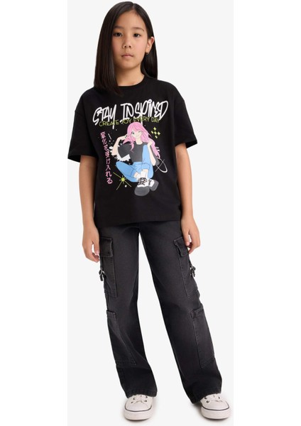 Kız Çocuk Oversize Geniş Kalıp Bisiklet Yaka Baskılı Kısa Kollu Tişört E0356A825SM