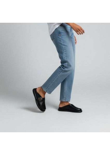 Siyah Hakiki Deri Tokalı Kadın Günlük Rahat Sabo Terlik modelleri