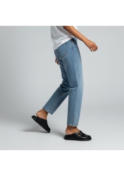 Siyah Hakiki Deri Tokalı Kadın Günlük Rahat Sabo Terlik fırsatları