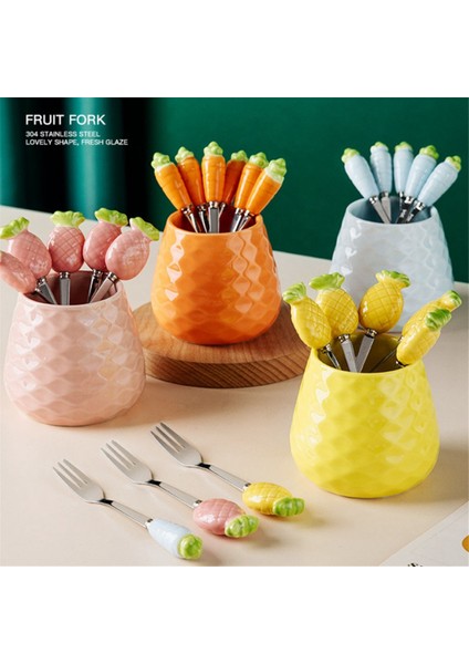 Sevimli Seramik Kavanoz Meyve Çatalı Seti 304 Paslanmaz Çelik Pasta Çatalı Ev Partisi Tatlı Çatalı Sevimli Saklama Kavanozu Çocuk Sofra Takımı B (Yurt Dışından) fiyatları