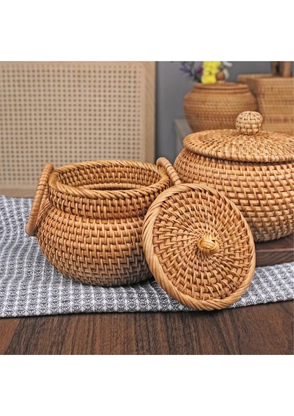 Kapaklı Küçük Rattan Sepet, Saplı Rattan Sepet Düzenleyici, Raf Masa Ofis Için Rustik Dokuma Şekerlik Sepet (Yurt Dışından) fırsatları