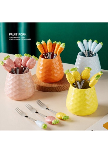 Sevimli Seramik Kavanoz Meyve Çatalı Seti 304 Paslanmaz Çelik Pasta Çatalı Ev Partisi Tatlı Çatalı Sevimli Saklama Kavanozu Çocuk Sofra Takımı (Yurt Dışından) indirimleri