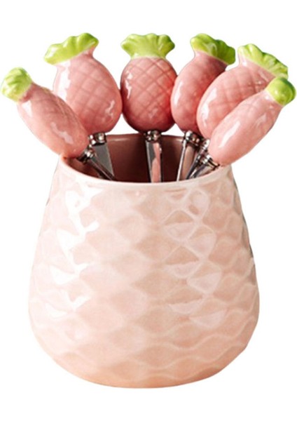 Sevimli Seramik Kavanoz Meyve Çatalı Seti 304 Paslanmaz Çelik Pasta Çatalı Ev Partisi Tatlı Çatalı Sevimli Saklama Kavanozu Çocuk Sofra Takımı D (Yurt Dışından)