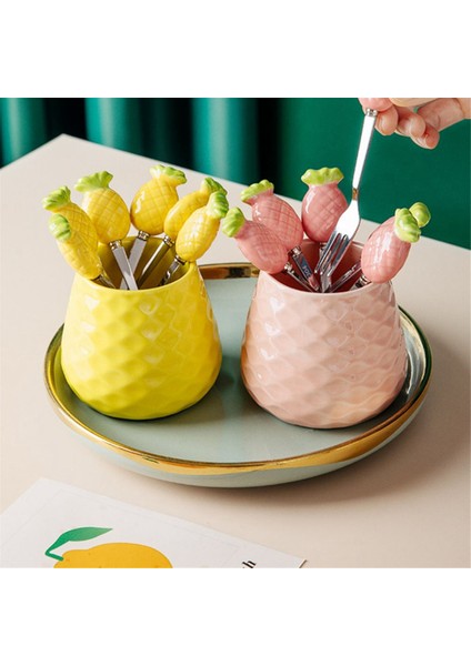 Sevimli Seramik Kavanoz Meyve Çatalı Seti 304 Paslanmaz Çelik Pasta Çatalı Ev Partisi Tatlı Çatalı Sevimli Saklama Kavanozu Çocuk Sofra Takımı D (Yurt Dışından) fırsatları