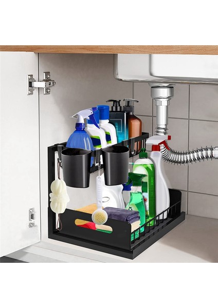 Bardak ve Kancalı Lavabo Altı Mutfak Düzenleyici, 2 Katlı L Şeklinde Raf, Sürgülü Çekmeceli Lavabo Altı Depolama (Yurt Dışından) fiyatları