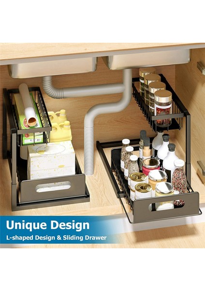 Bardak ve Kancalı Lavabo Altı Mutfak Düzenleyici, 2 Katlı L Şeklinde Raf, Sürgülü Çekmeceli Lavabo Altı Depolama (Yurt Dışından) modelleri
