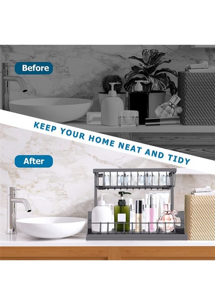 Bardak ve Kancalı Lavabo Altı Mutfak Düzenleyici, 2 Katlı L Şeklinde Raf, Sürgülü Çekmeceli Lavabo Altı Depolama (Yurt Dışından) indirimleri